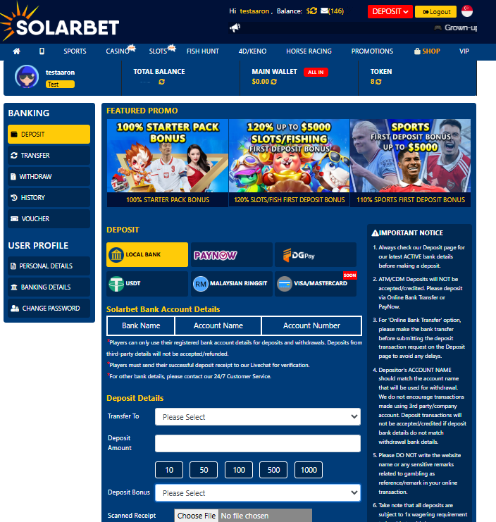 Solarbet Account Page