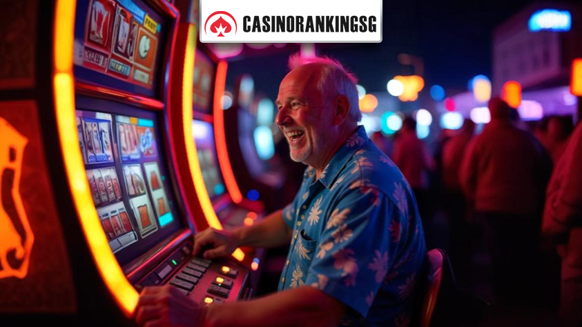 A man trying to win the jackpot on a slot machine