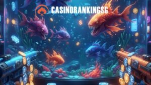 An ultra-realistic 4K image depicts a vibrant, night-blue and orange-themed video game aquarium filled with monstrous fish and unique creatures, flanked by two stylized guns, with casino chips and coins scattered in the foreground.