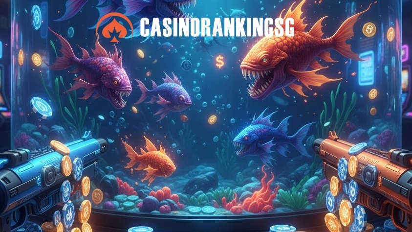 An ultra-realistic 4K image depicts a vibrant, night-blue and orange-themed video game aquarium filled with monstrous fish and unique creatures, flanked by two stylized guns, with casino chips and coins scattered in the foreground.